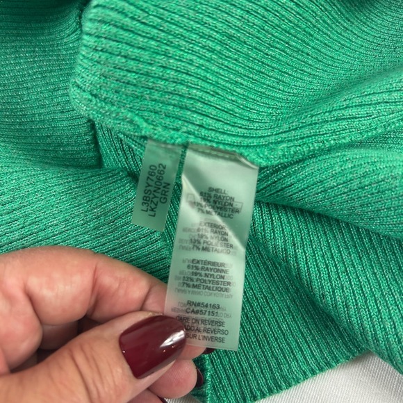Karl Lagerfeld Paris Ribbed Knit Polo Top Short Sleeve Metallic Green L - Picture 10 of 11